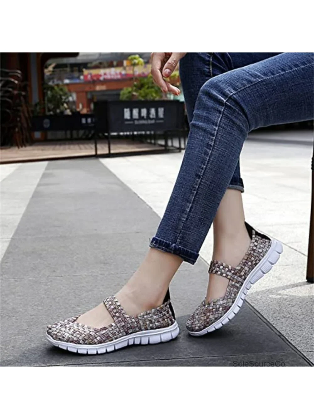 Mary Jane Sneaker Flats Woven Elastic Wedge Walking Shoes